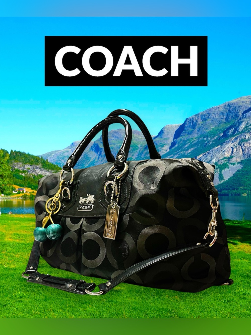 Vintage Coach soho shoulder Bag Black Signature Satchel with Green Cherry Charm - Picture 6 of 17